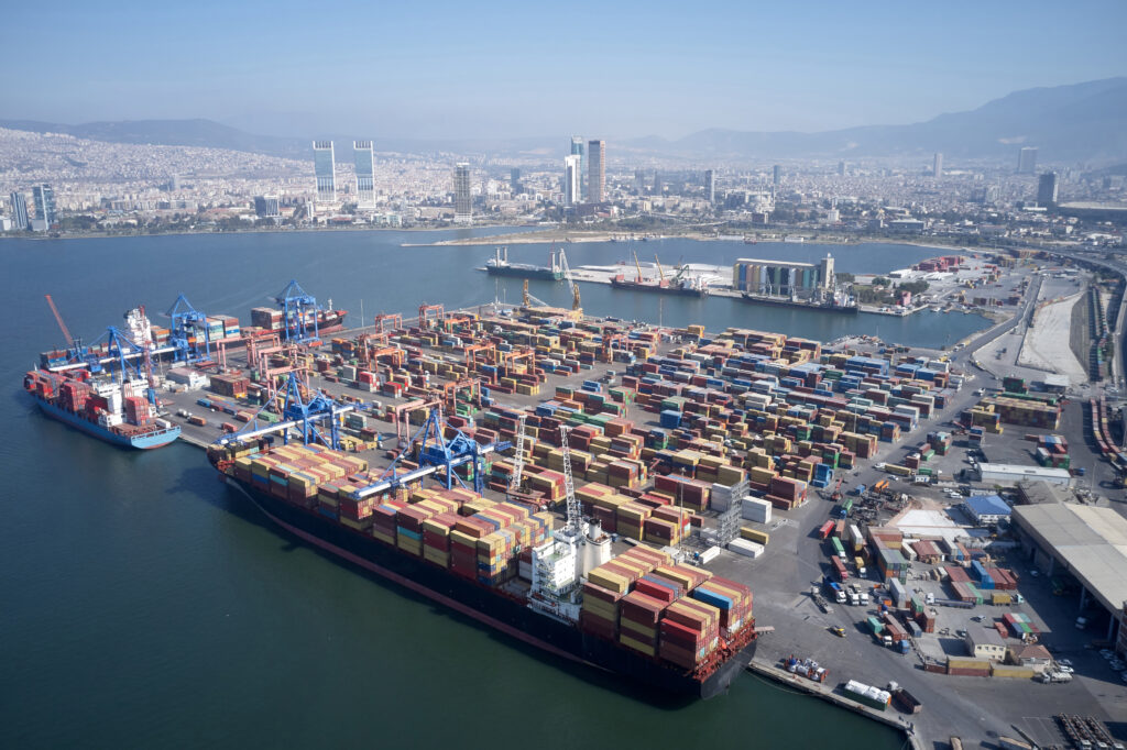 Panoramic view of ships and cranes at the busy international container port at Izmir.