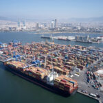 Panoramic view of ships and cranes at the busy international container port at Izmir.