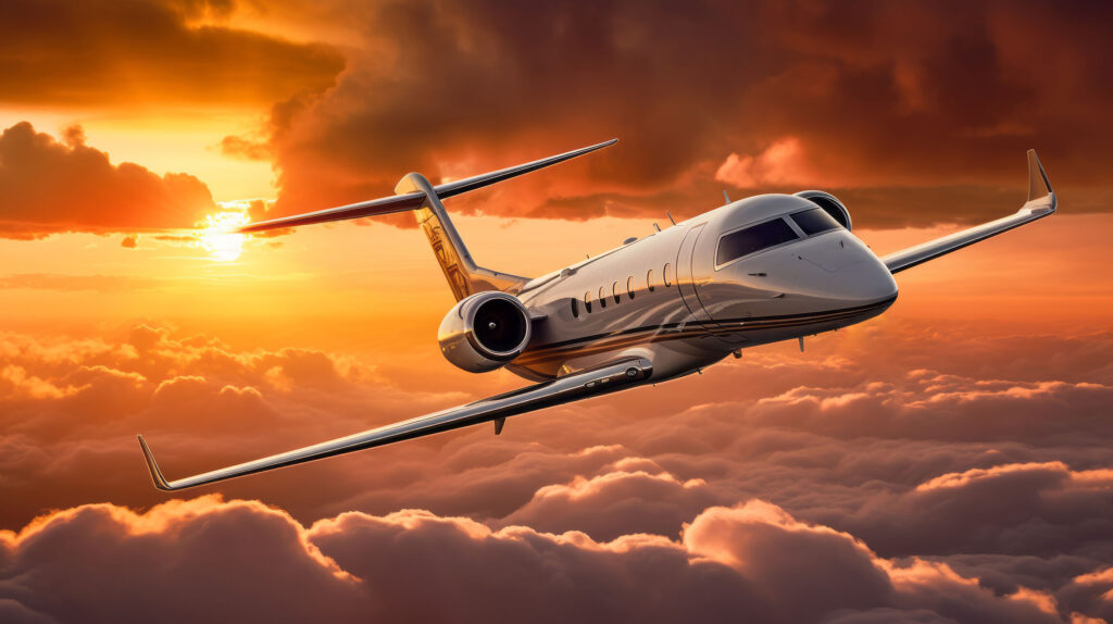 Modern business jet flying above the clouds in an orange sunset sky