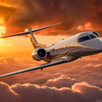 Modern business jet flying above the clouds in an orange sunset sky