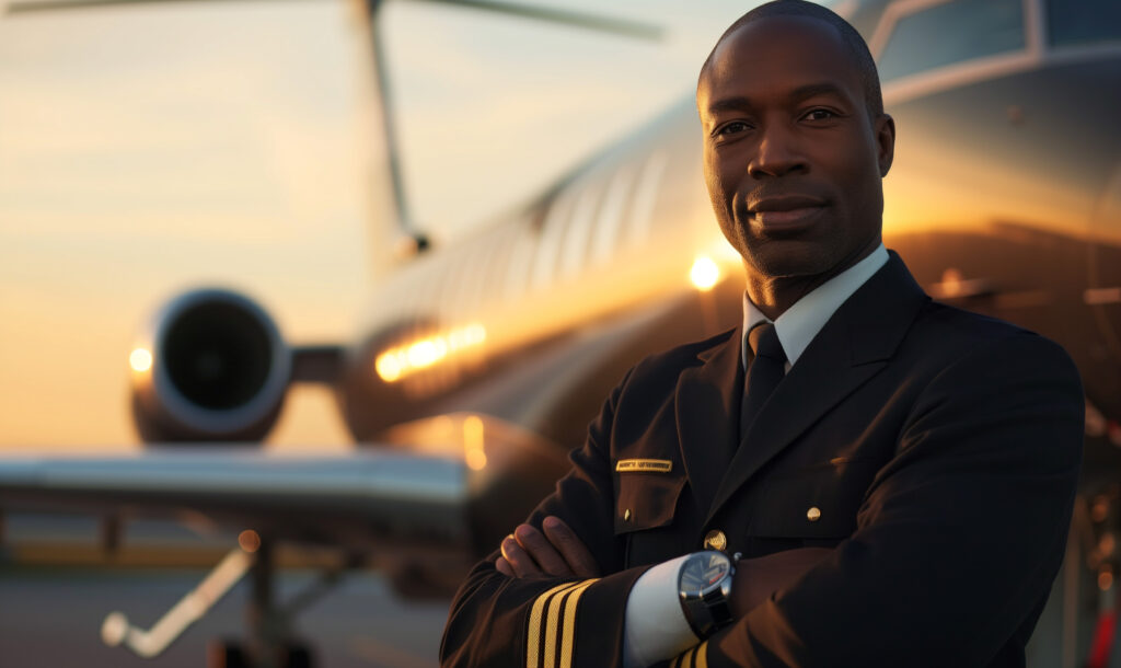 A pilot standing with arms crossed in his uniform in front of an airplane.