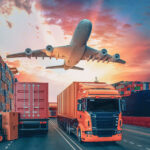 Transportation and logistics of Container Cargo ship and Cargo plane. 3d rendering and illustration.